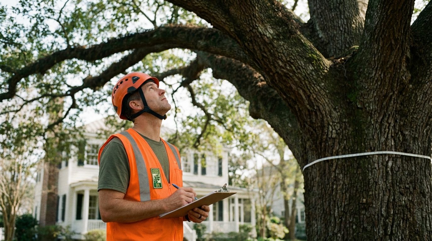 A certified arborist inspecting a large oak tree on a residential South Carolina property