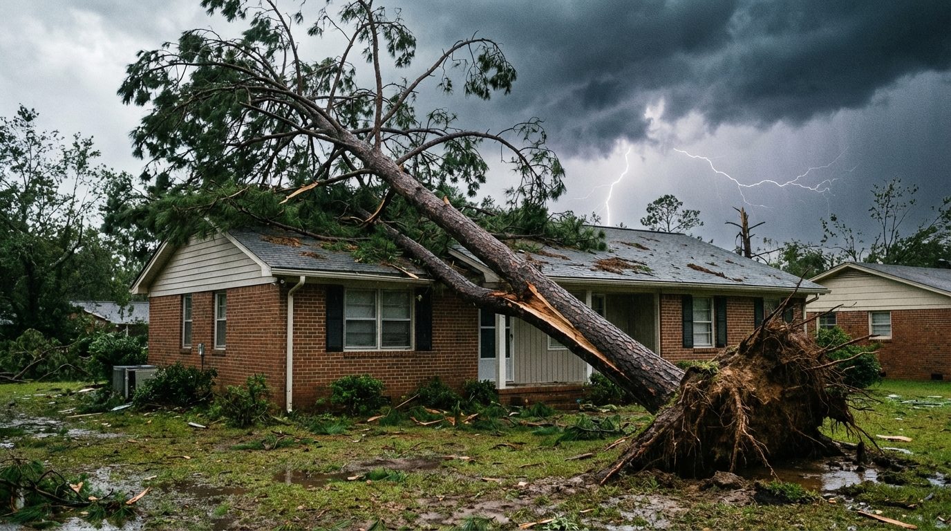 A dangerous leaning tree close to a house in South Carolina after a storm