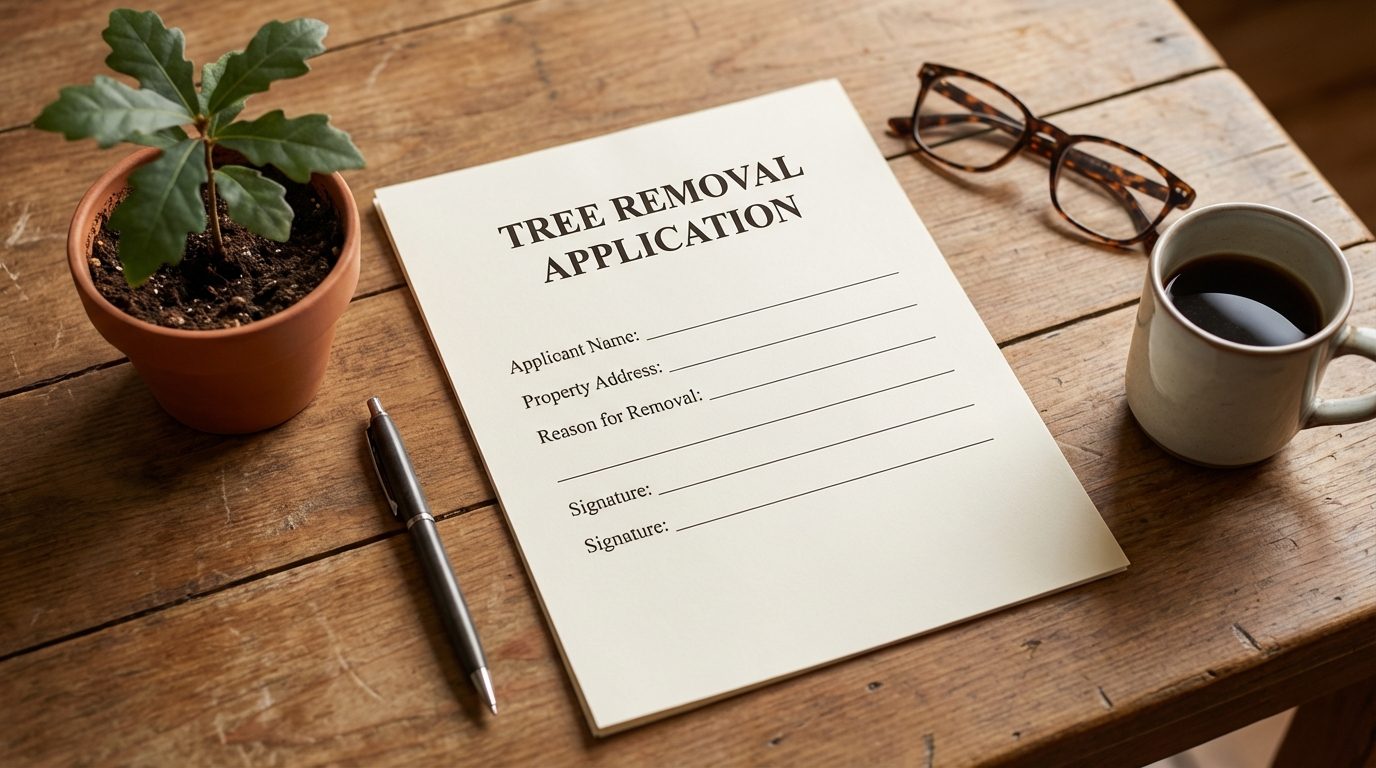 South Carolina tree removal permit application paperwork on a wooden desk
